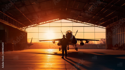 sunset backlit view of military fighter jet pilot beside parked military airforce plane next to barracks or hangar as wide banner with copyspace area for world war conflicts 