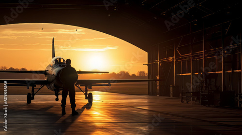Foto sunset backlit view of military fighter jet pilot beside parked military airforc