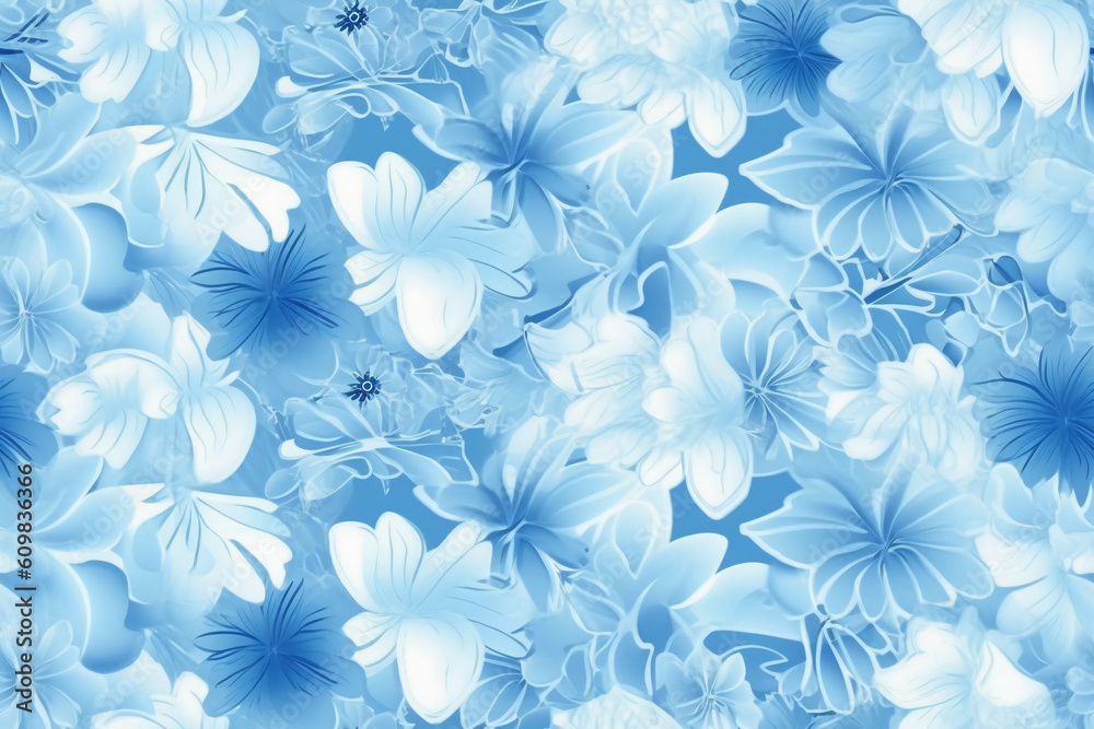 Sky blue light sky blue seamless flower pattern combined with a soft sky blue gradient, AI geneartive
