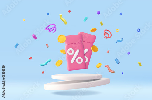 3d coupon with coins in blue podium background