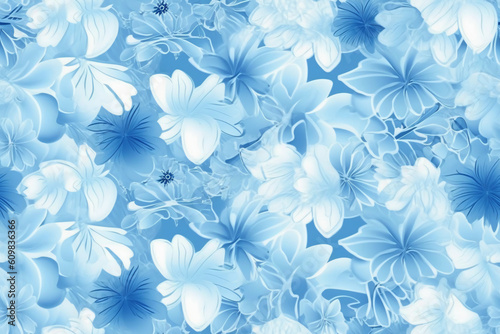 Sky blue light sky blue seamless flower pattern combined with a soft sky blue gradient  AI geneartive