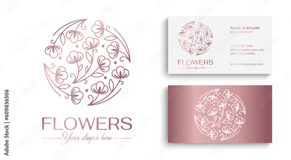 Flower logo. Cotton flower in a circle. Cotton flower. Logo in trendy linear style for clothing, hotel, cosmetics logo. Flower logo. Cotton flower in a circle. Cotton flower. Logo in trendy linear style for clothing, hotel, cosmetics logo.