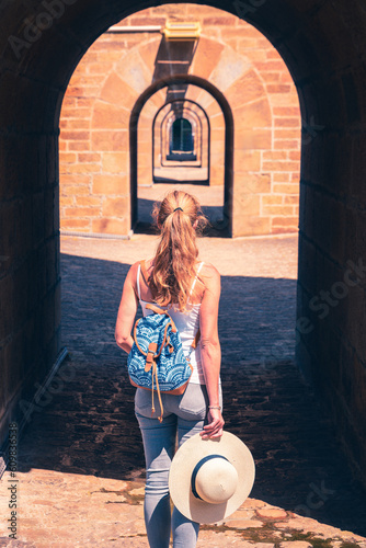 Morlaix viaduct- woman traveler visiting the city- Finistere,  Brittany, France photo