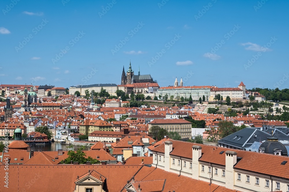 Cityscape with Prague Castle and roofs of buildings in the historic center of Prague, Czech Republic