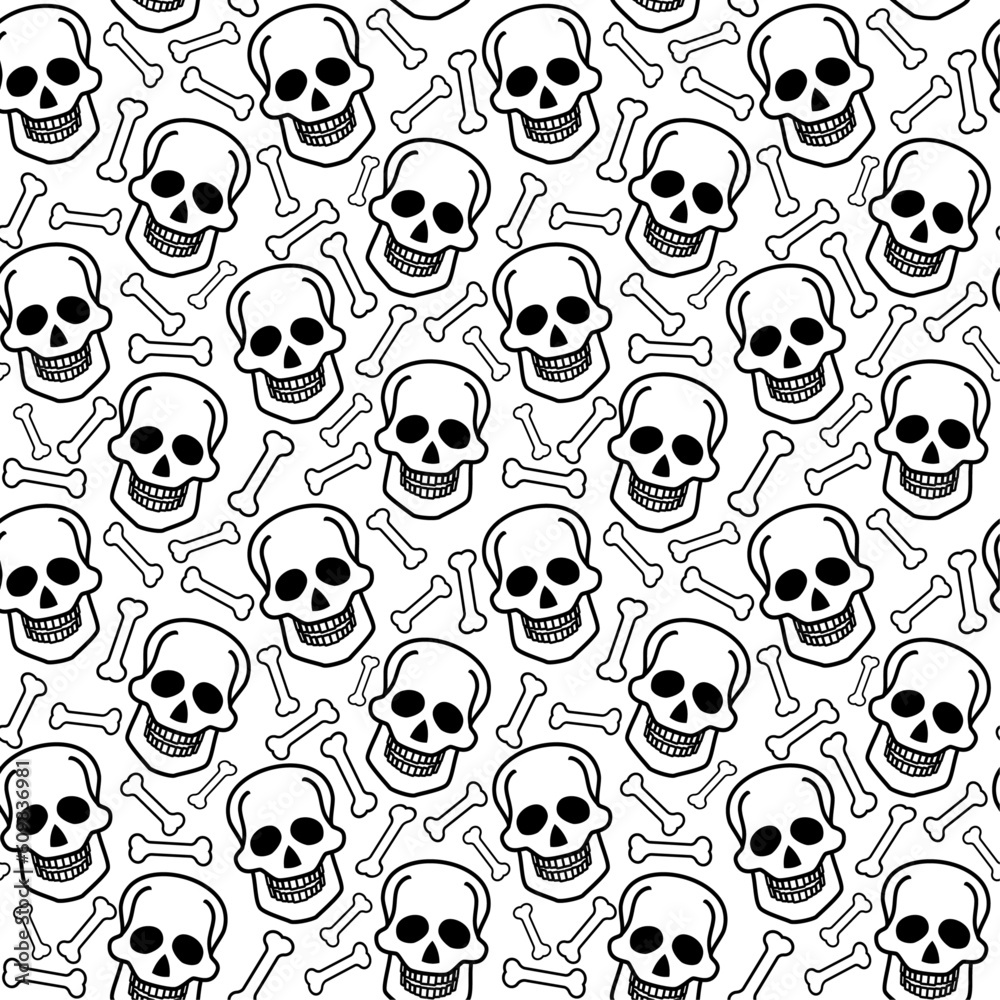 Fototapeta premium Human skull and bones seamless vector background, monochrome pattern, wallpaper, textile print, design element.