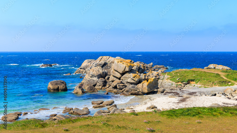 Granite coast in Brittany, Atlantic ocean coastline and beautiful beach- Brittany in France Granite coast in Brittany, Atlantic ocean coastline and beautiful beach- Brittany in France