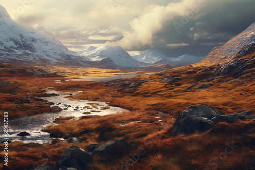 The wild moors of Scotland, in the bright day, cold morning sun. AI generative © SANGHYUN