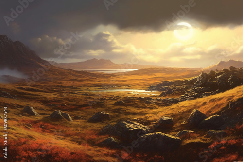 The wild moors of Scotland, in the bright day, cold morning sun. AI generative © SANGHYUN