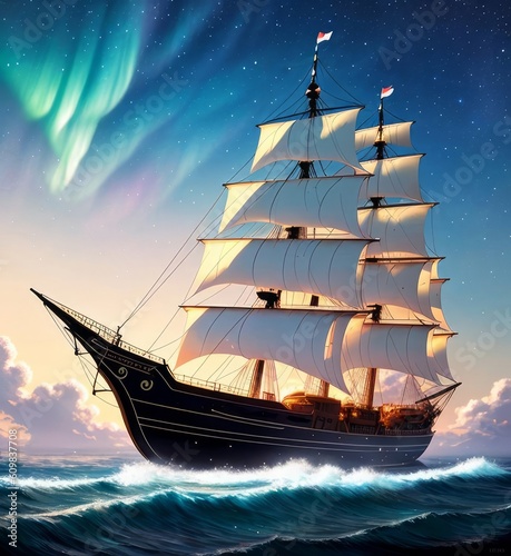 Floating ship, night sky, brights stars, northern lights, Generative AI Art Illustration 07