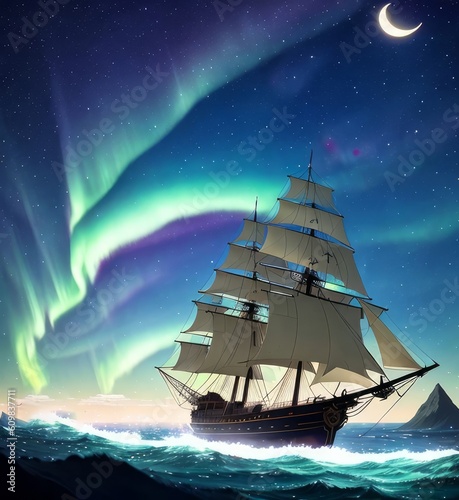 Floating ship, night sky, brights stars, northern lights, Generative AI Art Illustration 06