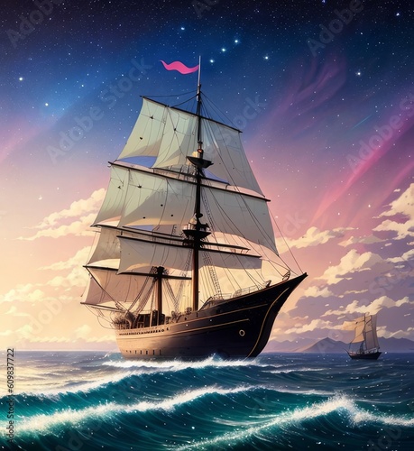 Floating ship, night sky, brights stars, northern lights, Generative AI Art Illustration 02