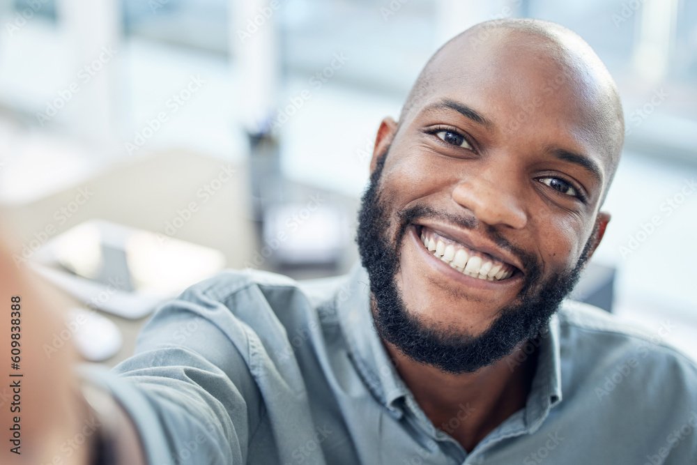 Happy selfie and business with black man in office for social media, network or professional. Smile, happiness and pride with portrait of male employee and picture for entrepreneur, creative or pride Happy selfie and business with black man in office for social media, network or professional. Smile, happiness and pride with portrait of male employee and picture for entrepreneur, creative or pride