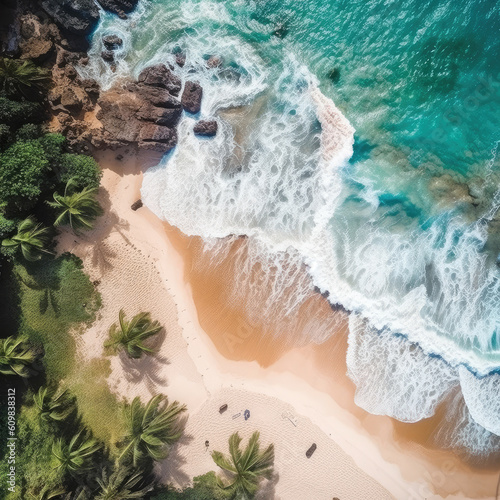 Aerial photograph of a paradise beach where the suns of the sea break on the shore. © expressiovisual
