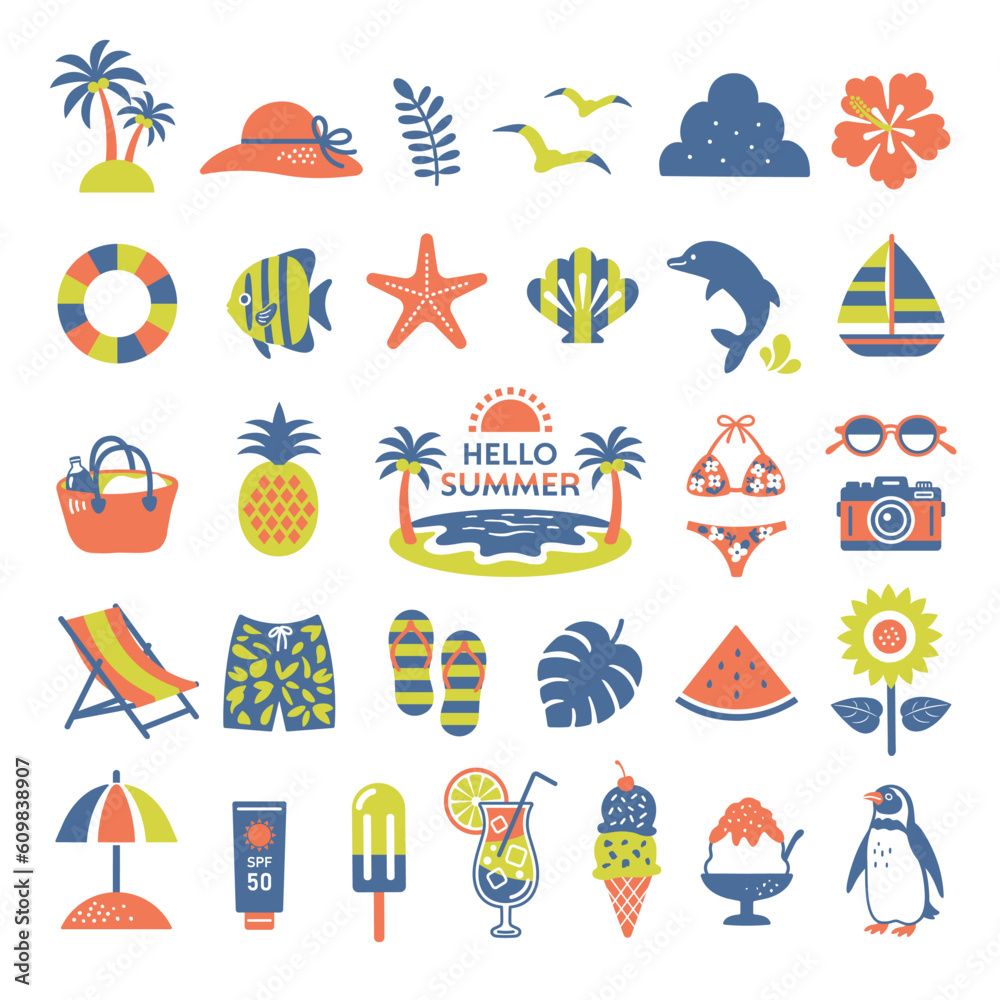 Naklejka premium 夏とビーチのイラストセット