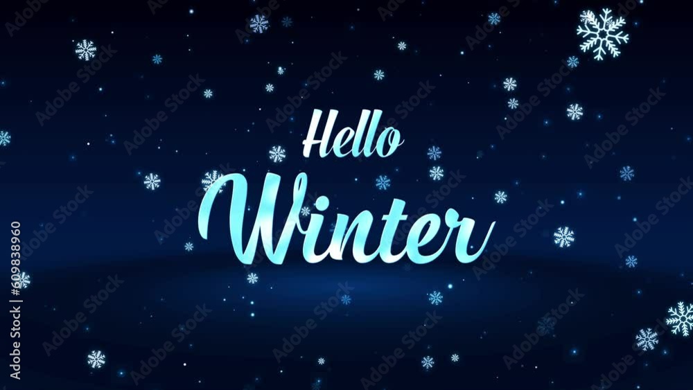 Hello Winter Text Reveal On Magic Dark Blue Shiny Snowflakes Particles Falling With Shimmering Glitter Sparkles Dust On Light Floor Background, Seamless Loop Hello Winter Text Reveal On Magic Dark Blue Shiny Snowflakes Particles Falling With Shimmering Glitter Sparkles Dust On Light Floor Background, Seamless Loop