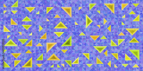 The triangular background is complemented by green triangles that maybe rise, maybe sink into the blue triangles.