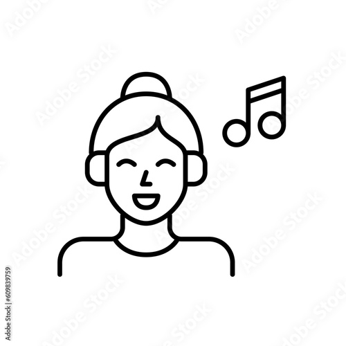 Young girl listening to music in her headphones. Relaxation and entertainment. Pixel perfect, editable stroke simple icon