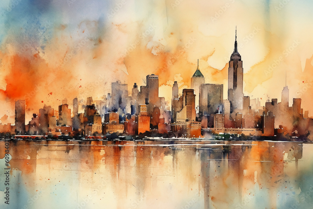 Obraz premium Watercoler new york skyline. AI generative