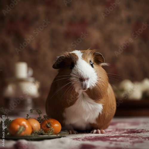 Funny fat guinea pig with tomato in summer. generative ai