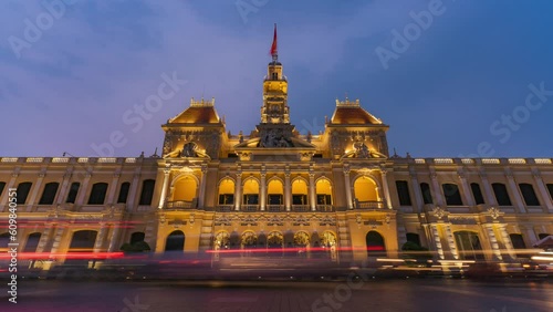 Hyperlapse with traffic line at Ho Chi Minh City Hall, is known as Ho Chi Minh City People's Committee Head office Saigon. Popular place to visit in Saigon photo