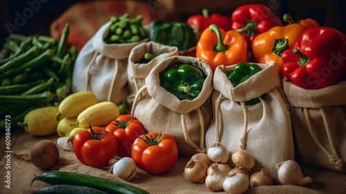 Linen bags full of vegetables and on dark background. Grocery with healthy food. Generative AI