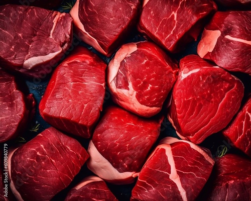 Raw beef steaks on black background, top view. AI generated photo