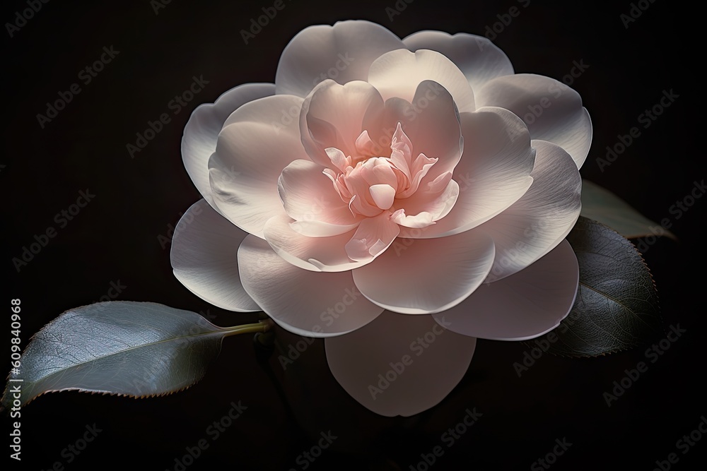 Portrait camellia flower isolated on black AI Generative