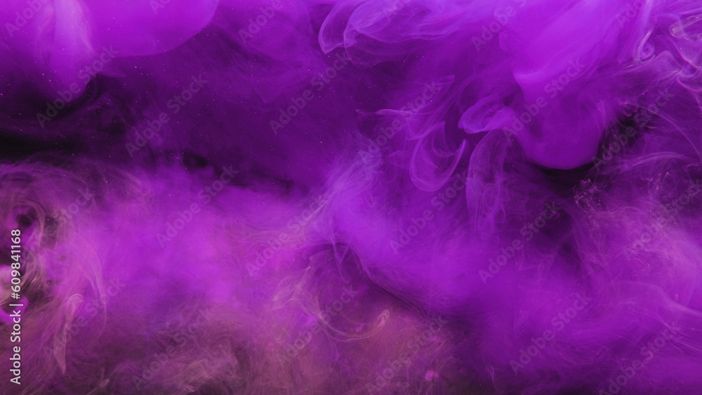 Color steam cloud. Abstract background. Ink water. Vapor floating. Magic  spell. Purple glowing smoke glitter dust particles art texture on dark.  Stock Illustration