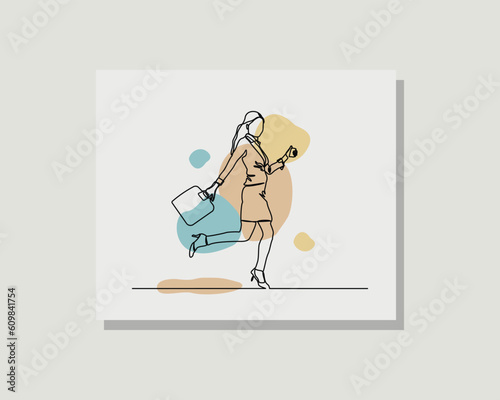 continuous single one line drawing vector design illustration of a business woman walk and hold briefcase wearing formal suit in boho style design