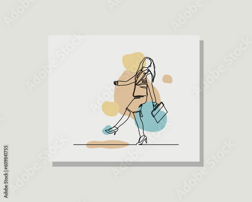continuous single one line drawing vector design illustration of a business woman walk and hold briefcase wearing formal suit in boho style design