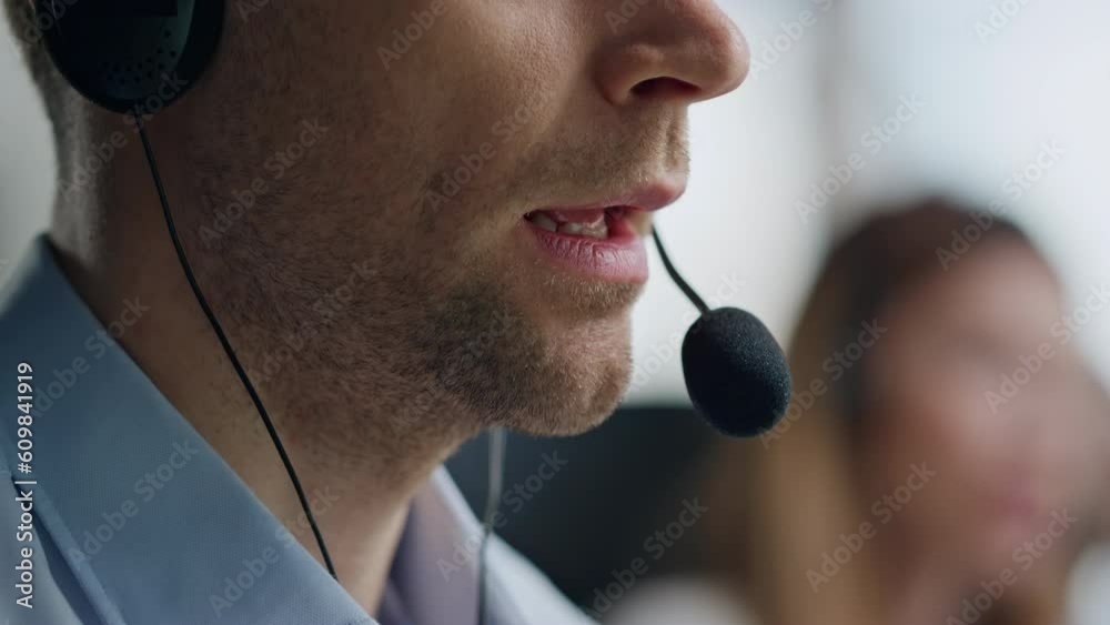 Operator mouth talking microphone closeup. Call center manager helping customer