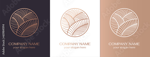 Leaves logo. floral logo. Tropical leaves in a circle. Logo in a trendy linear style for clothes, hotels, cosmetics, beauty salons, jewelry, boutiques