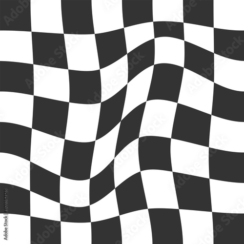 Distorted chessboard background. Psychedelic pattern with warped black and white squares. Race flag or plaid texture. Trippy checkerboard surface. Checkered visual illusion