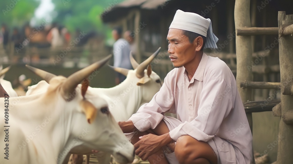 portrait of farmer pulling cows into a pen on a cattle ranch, Generative AI