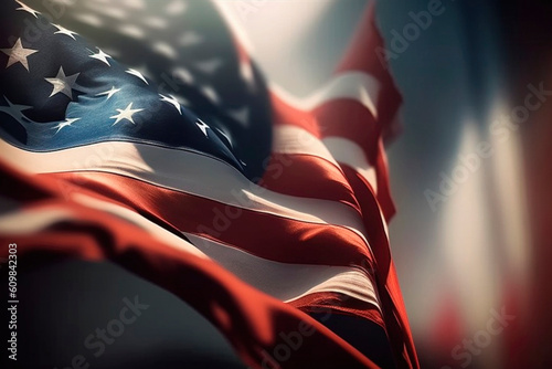 AI generated closeup of grunge vintage dark American flag blowing wind at USA Independence Day