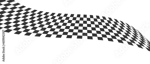 Waving race flag or chessboard stripe. Warped black and white squares pattern. Motocross, rally, sport car competition wallpaper. Checkered winding texture