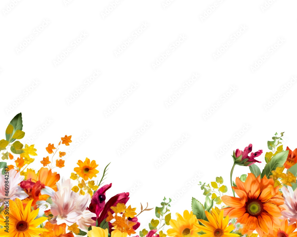 Wild flowers in warm orange, red and yellow autumn colors on a white background, ideal for cards, wallpapers and banners, copy space, shallow depth of field, Illustrative Generative AI Wild flowers in warm orange, red and yellow autumn colors on a white background, ideal for cards, wallpapers and banners, copy space, shallow depth of field, Illustrative Generative AI