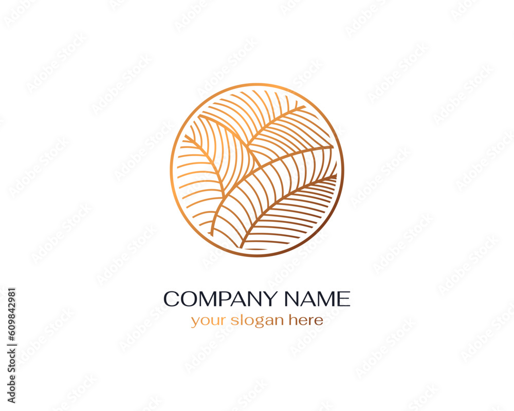 Leaves logo. floral logo. Tropical leaves in a circle. Logo in a trendy linear style for clothes, hotels, cosmetics, beauty salons, jewelry, boutiques