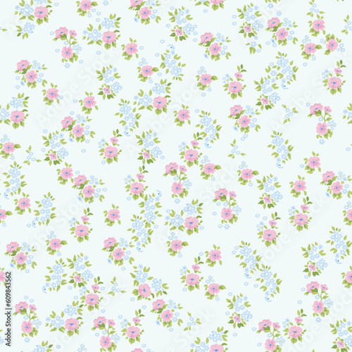 Floral pattern. Beautiful flowers on a light background. Print with small pink and blue flowers. Seamless vector texture. Spring bouquet. Stock vector.
