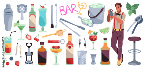 Cocktail bar tools. Professional bartender instruments, alcohol drinks creating equipment, jigger, shaker and strainer, bottles and glasses, cartoon flat isolated elements, tidy vector set