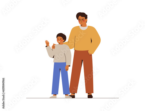 Happy father and teen son stand together and welcoming someone. Dad cares and is proud of his child boy. Good relationship and trust between generations concept. Vector illustration.