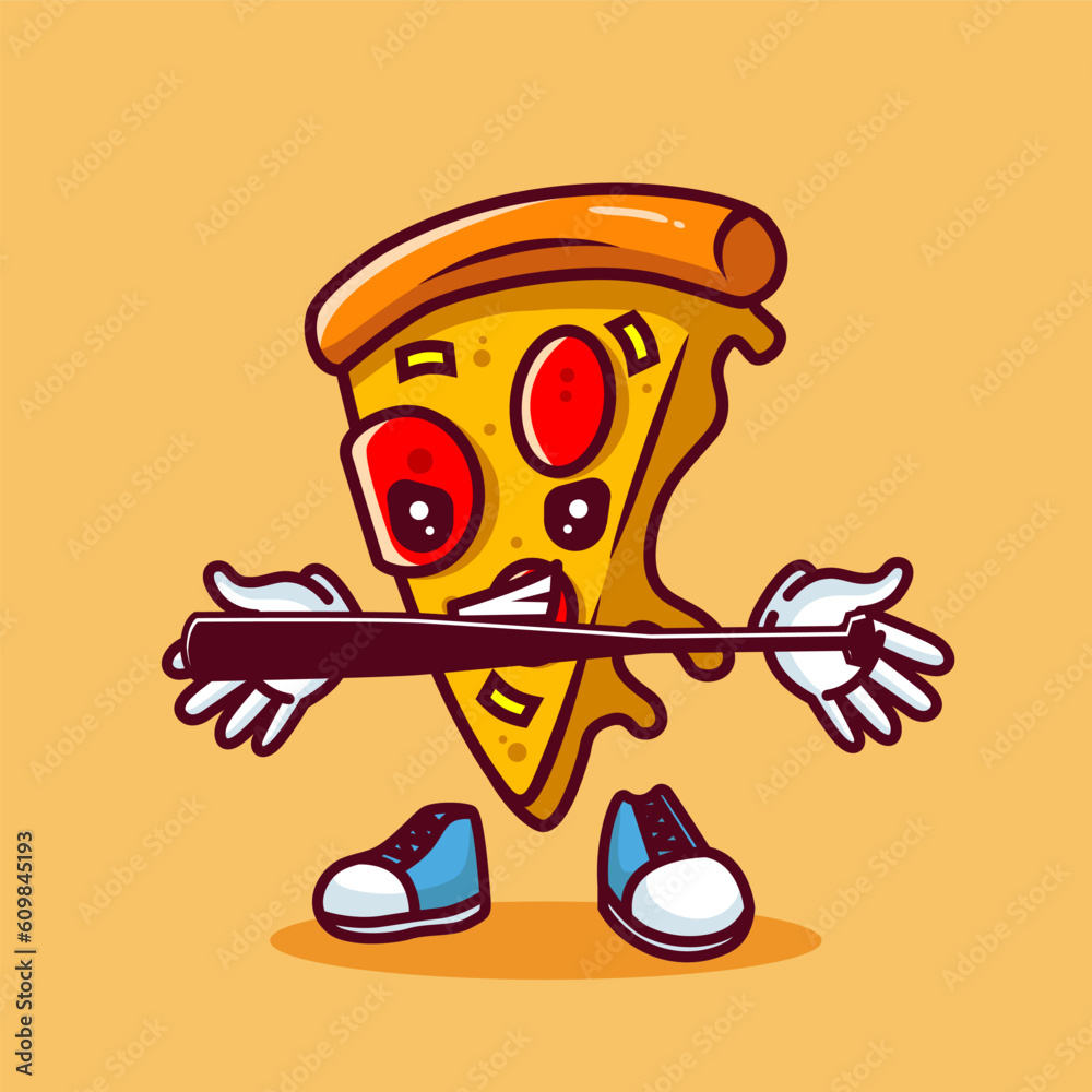 Vector illustration of kawaii pizza cartoon character with baseball bat and ball. Vector eps 10 Vector illustration of kawaii pizza cartoon character with baseball bat and ball. Vector eps 10