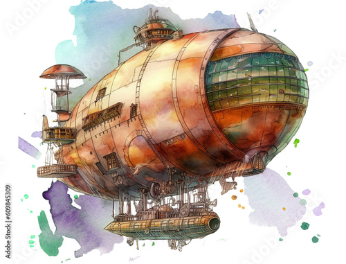 Watercolor design of a flying steampunk dirigible / blimp / air ship, against an intermixed splash of blue, purple, green and orange watercolor behind it, on a transparent background photo