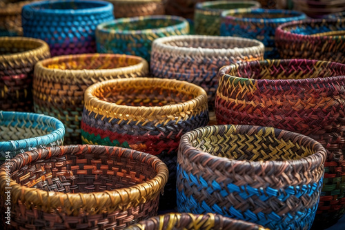 An array of colorful wicker baskets of different shapes and sizes are on display at a local craft market, demonstrating the diversity and vibrancy of the art of basketry.