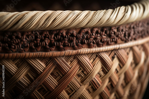 A detailed view of the weaving patterns on a freshly made wicker basket showcases the intricate craftsmanship and time-honored techniques involved in basketry. photo