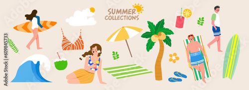 summer collection illustration. Banner, vector, coconut tree, human, Bikini, coconut, surfboard, wave