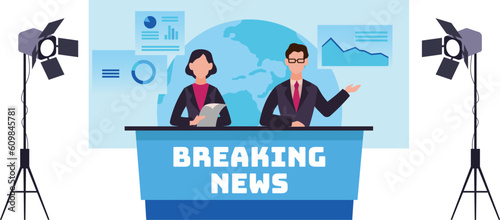 Journalist. Newscaster professional. Man and woman broadcasting news in studio with equipment. Live television, real time broadcast. Media cartoon flat isolated vector illustration