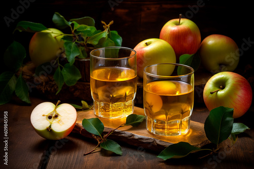 Freshly squeezed apple juice. Fruit harvest. Two glasses of fresh nectar. Generative AI