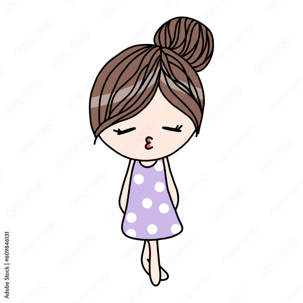 Korean cute girls character in dot purple dress cartoon. Korean cute girls character in dot purple dress cartoon.