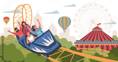 People ride in rollercoaster. Amusement park visitors in trailers racing along rails, extreme carousel, positive emotions, Russian mountains. Cartoon flat illustration. Nowaday vector concept